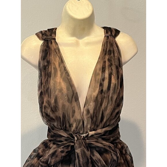 DONNEE PAR DIEU Animal Organza Sleeveless V-Neck Peplum Bow Tie Blouse Top - Picture 4 of 7